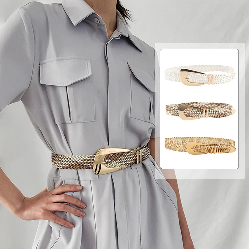 Straw Weave Braid Belt For Women Dress Irregular Gold Buckle Waist Belt Dress Shirt Decorative Waistband Women Belt Cummerbands