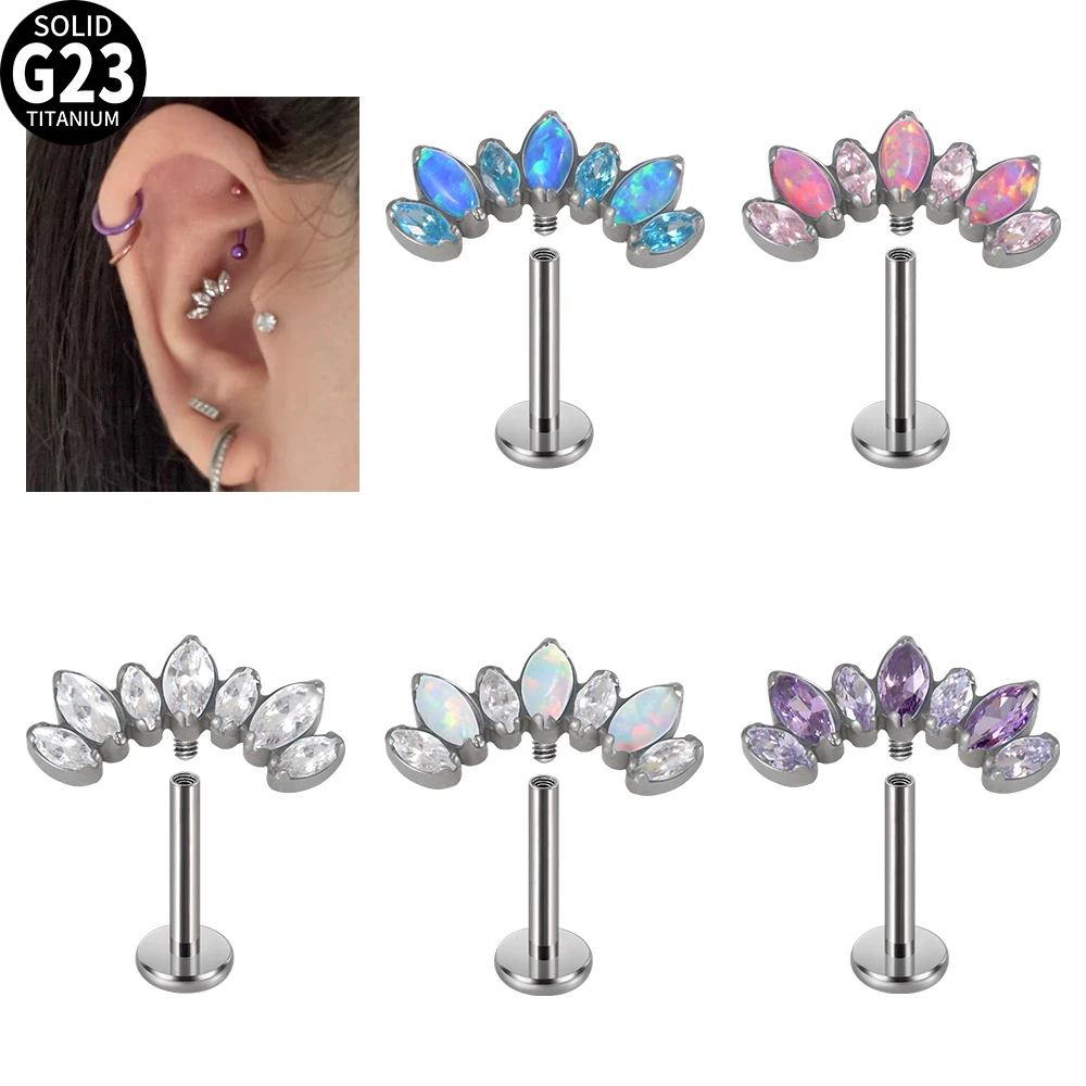 

1PC G23 titanium Opal & Zircon Inner Thread Water Drop Lip Studs Daith Upper Lobe Tragus Piercing Jewelry 16G