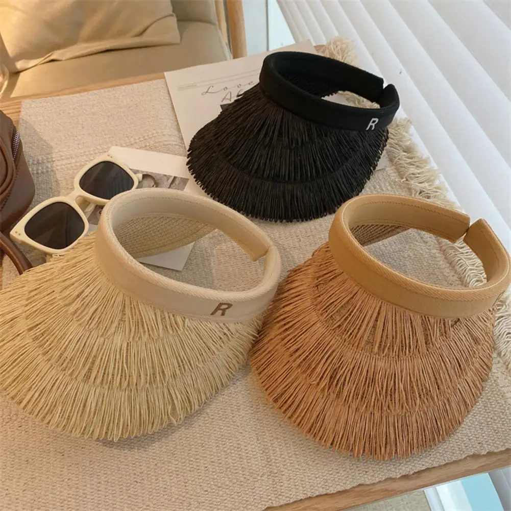 

Summer Empty Tops Sun Hat For Women Girls Wide Brim Beach Straw Hat Hair Hoop Design Breathable Holiday Sunshade Visor Caps