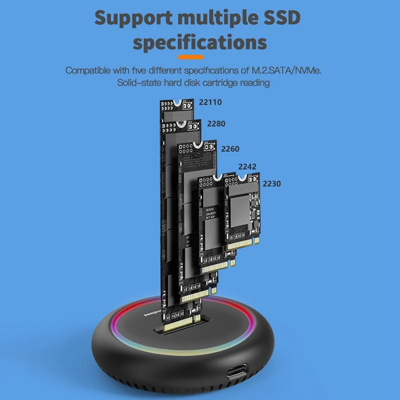 Фото AU61-Blueendless Dual Protocol Ssd M 2, док-станция Rgb Led Light M.2 Sata USB C Ssd Case Nvme+Ngff Hdd Ssd Док-станция №2
