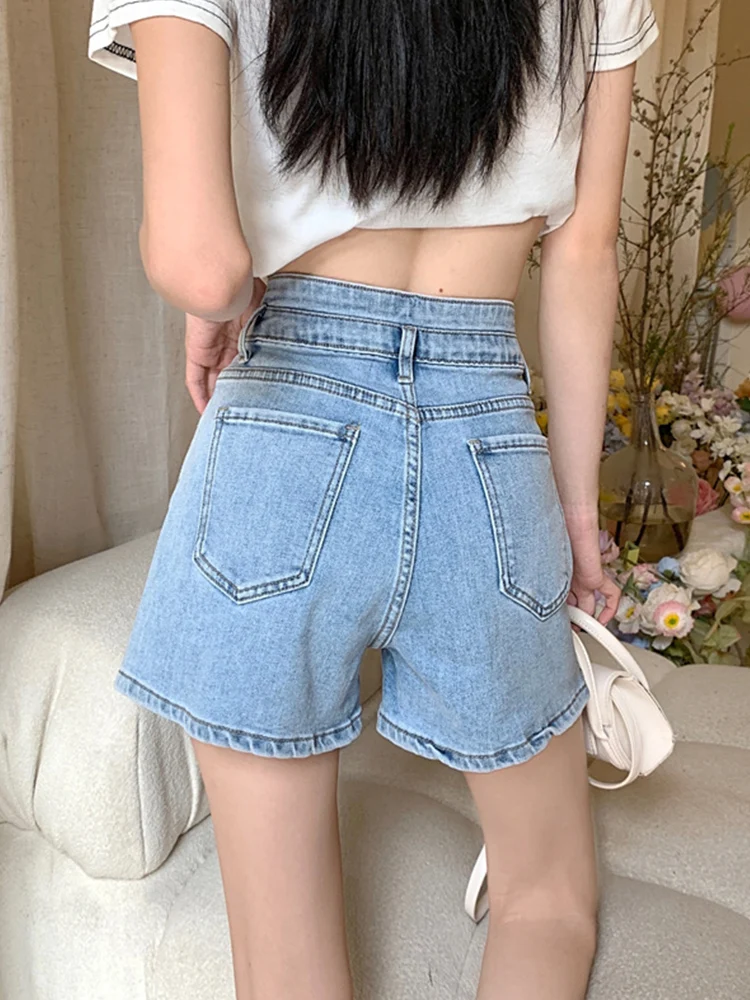 New Streetwear Female Wide Leg Asymmetrical High Waist Blue Denim Shorts Summer Women Loose Button Jeans Shorts