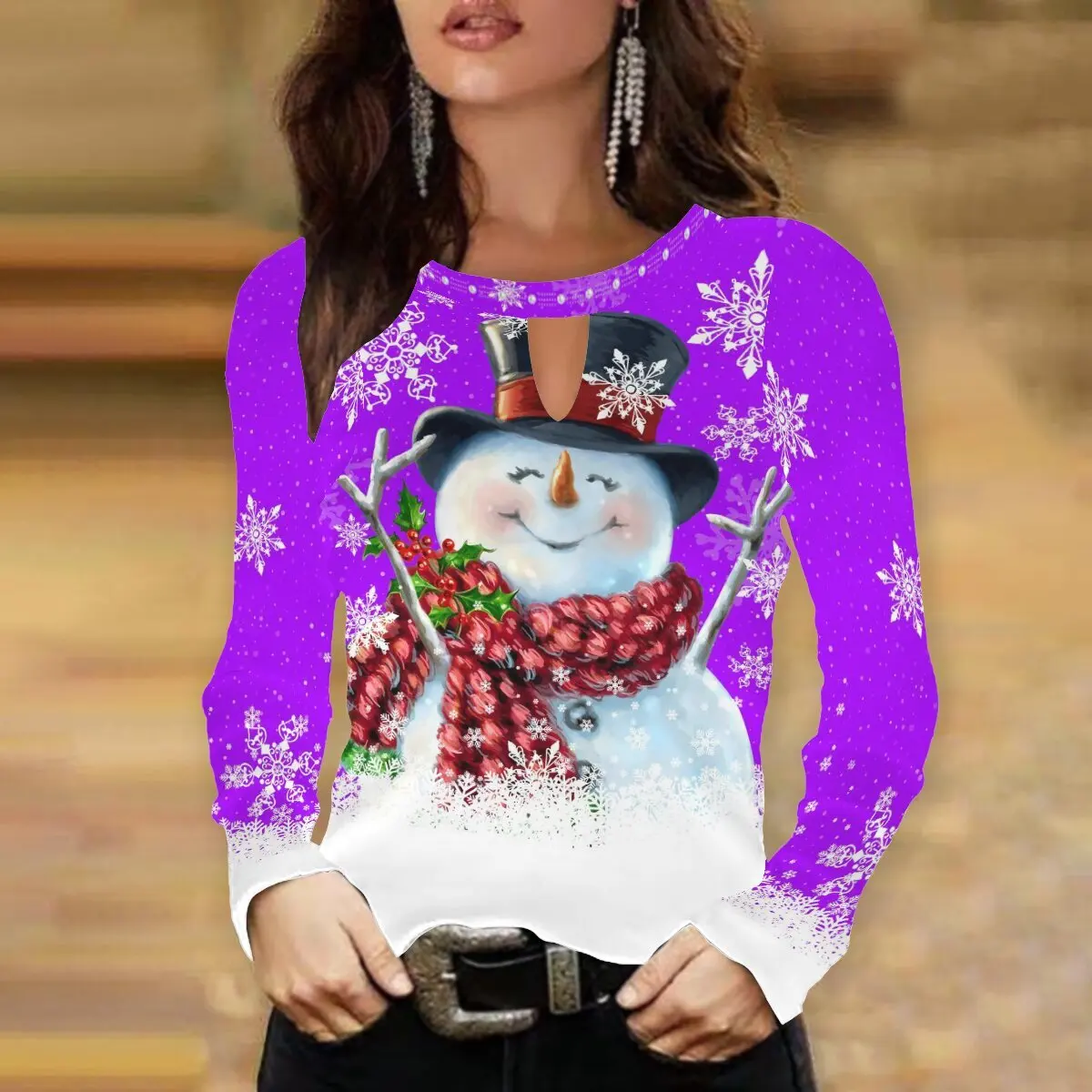 

SNAKE YX XXS-10XL Plus Size Women's Fall New Christmas Snowman Print Round Neck Casual Loose Long Sleeve Top