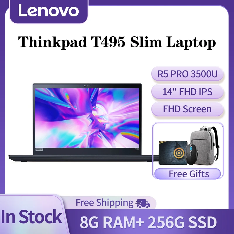 Тонкий Ноутбук Lenovo Thinkpad T495 AMD R5 PRO 3500U 8 Гб 256 ГБ SSD 14 дюймов FHD светодиодный деловой ноутбук
