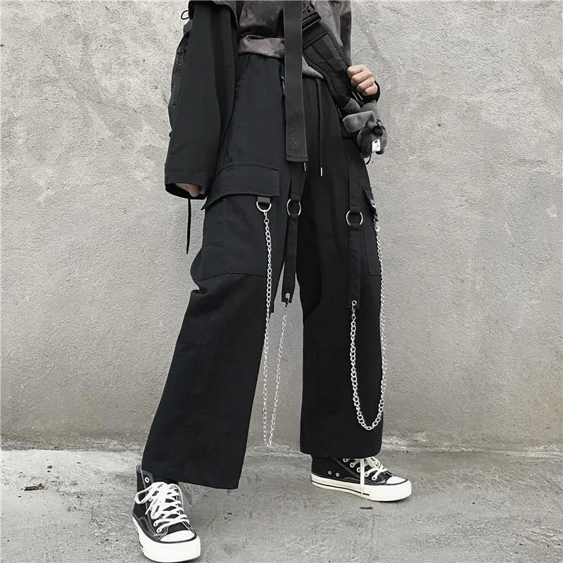 

Vintage Casual High Waist Plus Size Gothic Loose Street Pockets Hip Hop Students Chain Straight Cargo Pants Womens