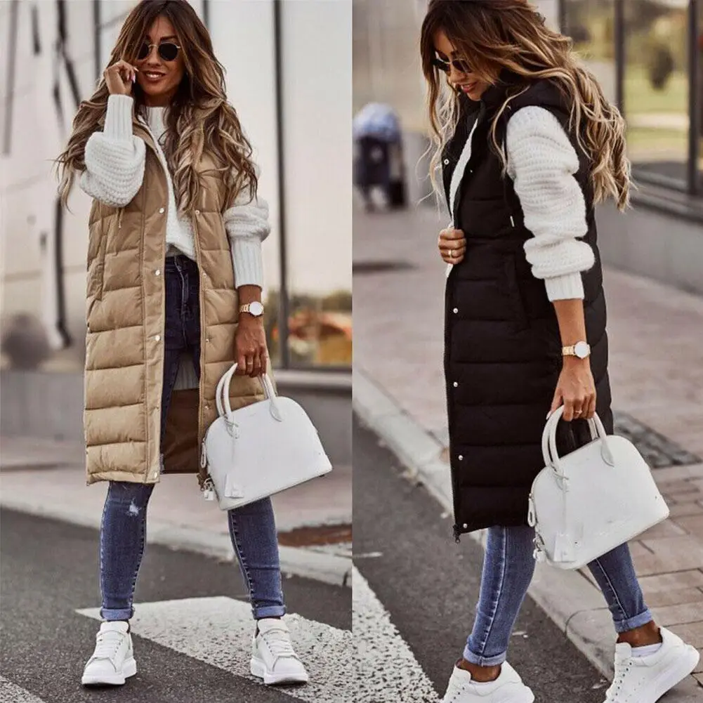 Женская Длинная зимняя куртка жилет с капюшоном теплый пуховик без рукавов