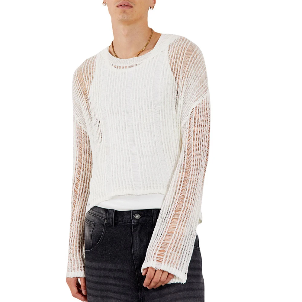 Spring Autumn Knitting Tees New Sweater T-shirts For Men Elastic Hollow Slinghtly Transparent Long Sleeve Loose Versatile Tops