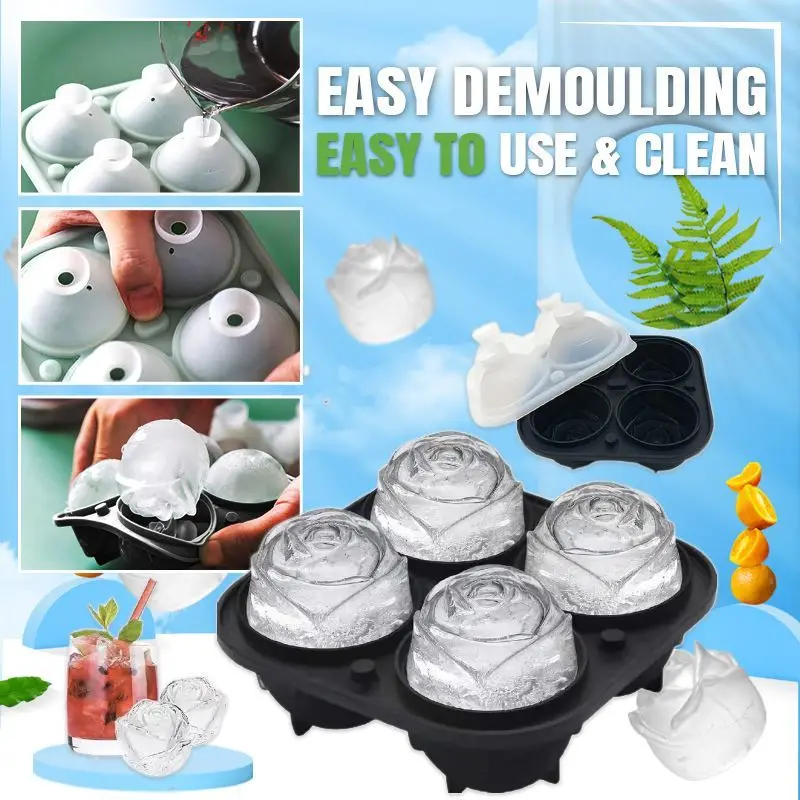 

4 Cells Hard-To-Melt Oversized Rose Ice Cube Mold Silicone Rose Shape Ice Cream Ball Maker Molds Mould Summer