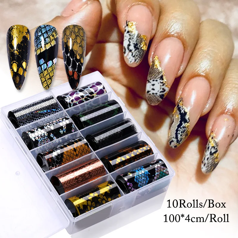 

10Pcs Holographic Nail Foil Set Starry Transfer 100*4cm Sticker Laser Flowers Leopard Mix Design Decal DIY Nail Art Decoration