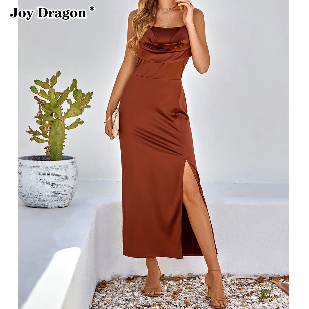 

2023 Spring Summer Leisure Women Fashion New Solid Color Split Sling Dress Sleeveless Backless Basic Long Skirt Elegant Slim Fit