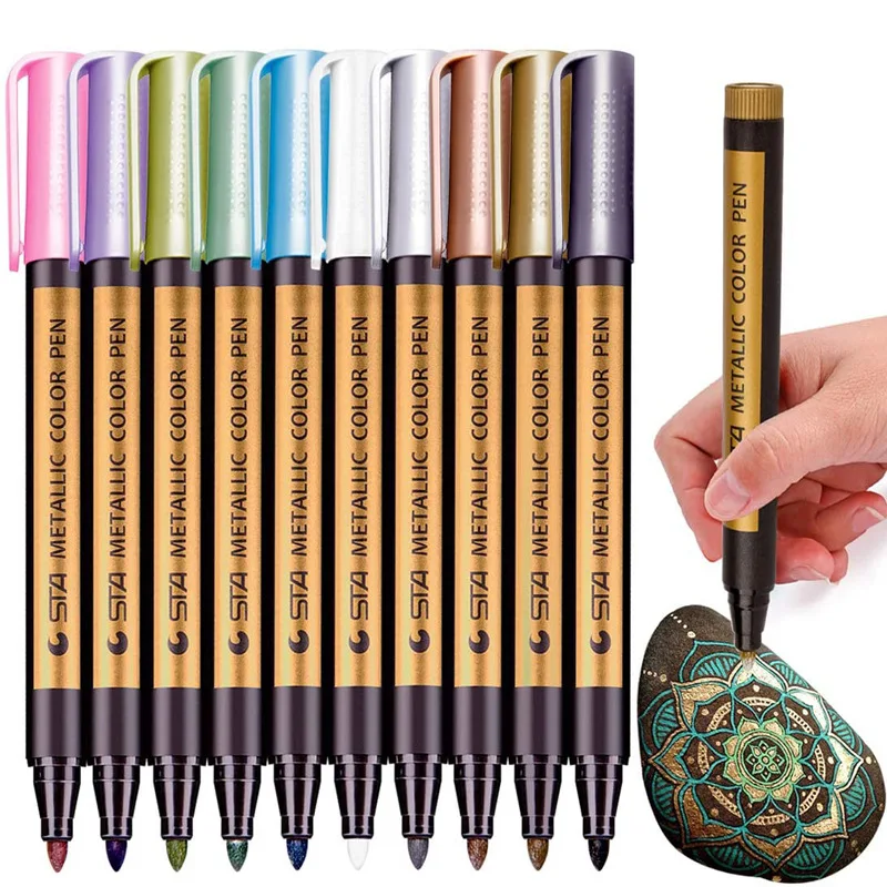 

STA 10 Color Metallic Pen Permanent Marker Set Colored Paint Marker for Glass Rocks Card Ceramic CD Diy Scrapbooking Acrylic Pen