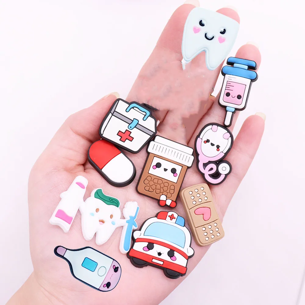 

10PCS Cartoon Shoe Charms First Aid Kit Syringe Stethoscope Band-Aid Toothbrush Ambulance Medicine DIY Wristbands Croc Jibz