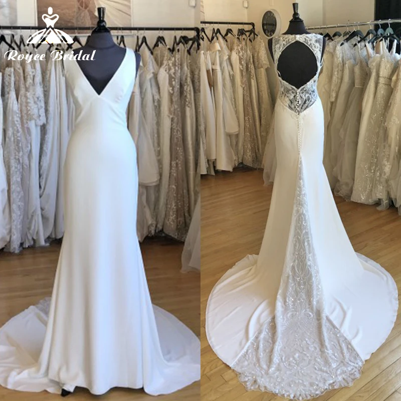 

Boho Mermaid Wedding Dress Custom For Women Sexy V-neck Off the Shoulder Backless Lace Button Bridal Gown Sweep vestido de novia