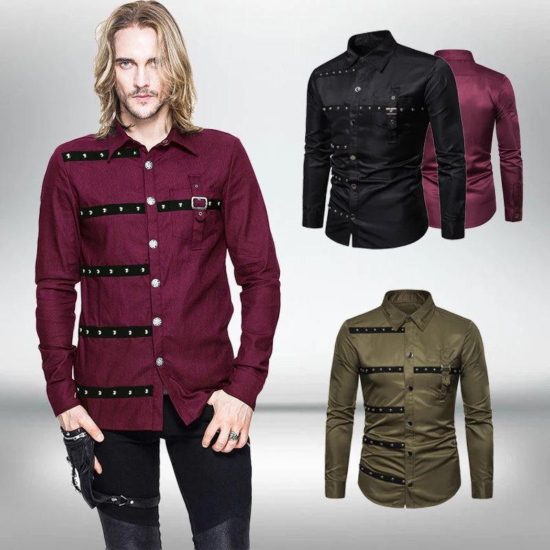 

New Men Gothic Shirt Camisas Individuality Men's Fashion Plaid Long-sleeved Shirt Male Casual High Quality Shirts