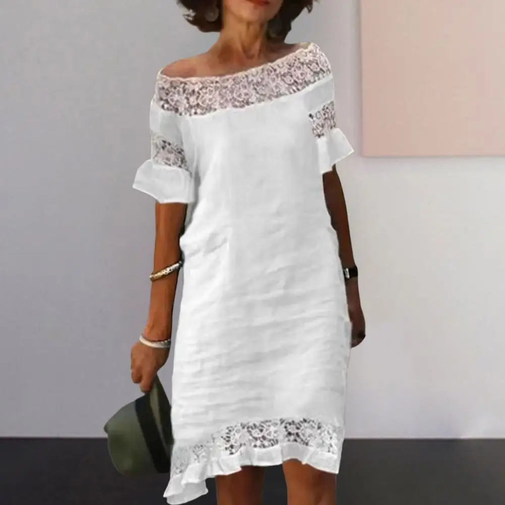 

Popular Women Dress Comfy Embroidery Flower Lace Stitching Casual Dress Off Shoulder Soft Mini Dress Streetwear