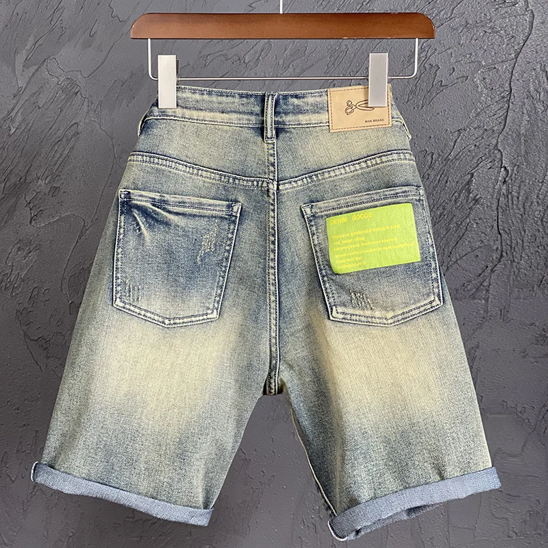 

New Summer Korean Style Vintage Cotton Slim Denim Shorts Patch Decoration Fashion Stretch High Quality Short Jeans Male Brand