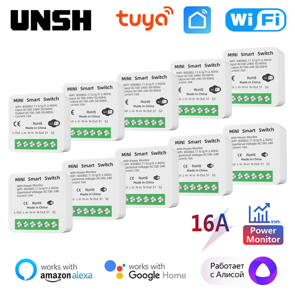 16A Tuya WiFi Smart Switch 2-way Control with Energy Monitor Switch Mini Smart Breaker Smart Life Control Alexa Via Google Home