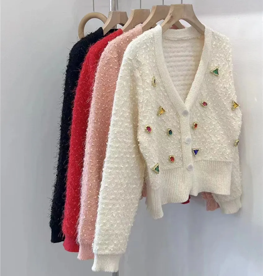 Женский вязаный кардиган с бриллиантами однобортный короткий свитер красного