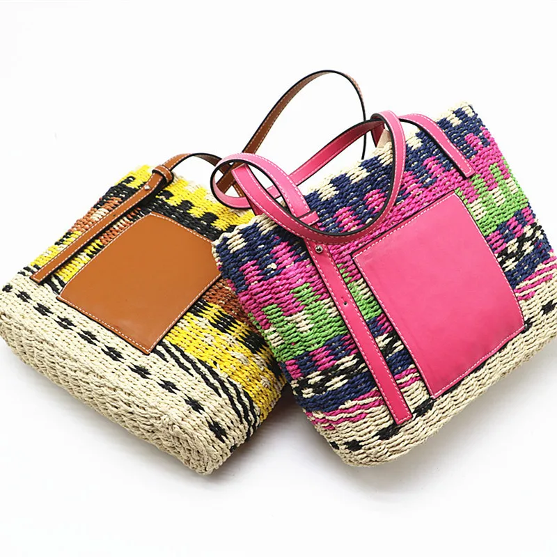 

2022 Color Woven Tote Rattan Bag Women Shoulder Bag Bohemian Travel Straw Bags for Women Handbags Big Beach Shopper Purse Ins
