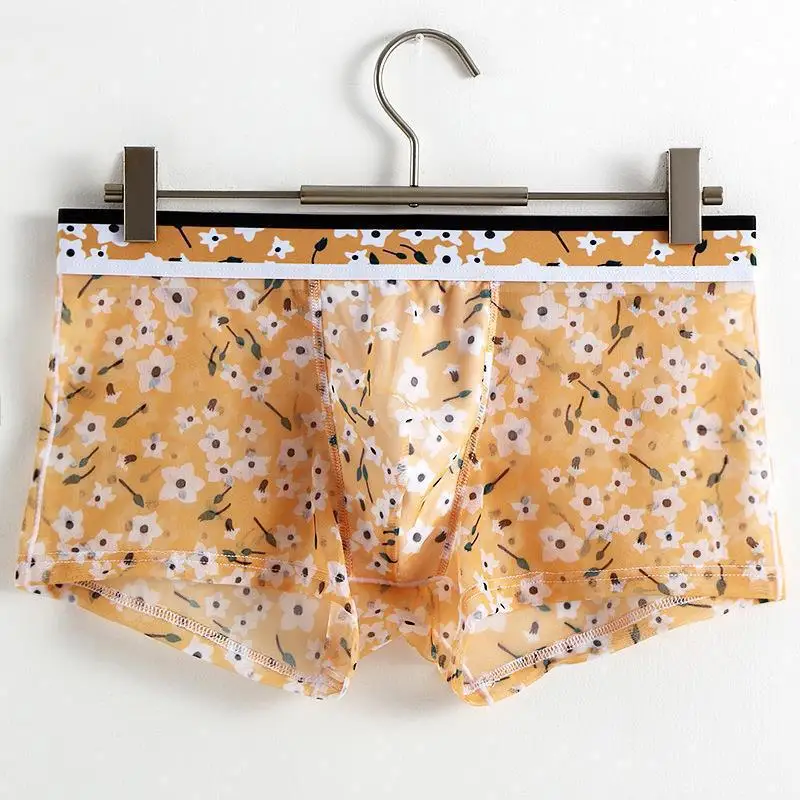 

New Flat Corner Pants Transparent Mesh Ice Silk Breathable Comfortable Printing Breathable Four Corner Pants Underwear for Men