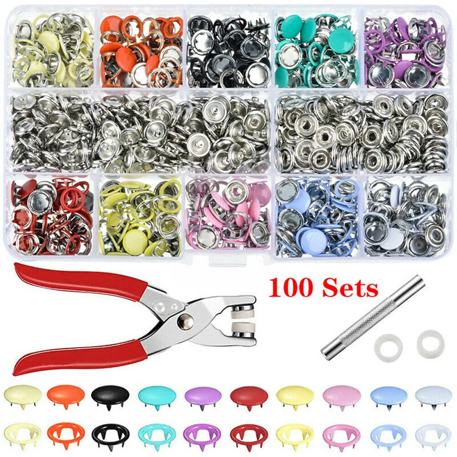 

100Pcs/set Snap Button Plier Tool Hollow/Solid Prong Press Studs Snap Fasteners For Installing Clothes Bag Metal Sewing But Q9C6