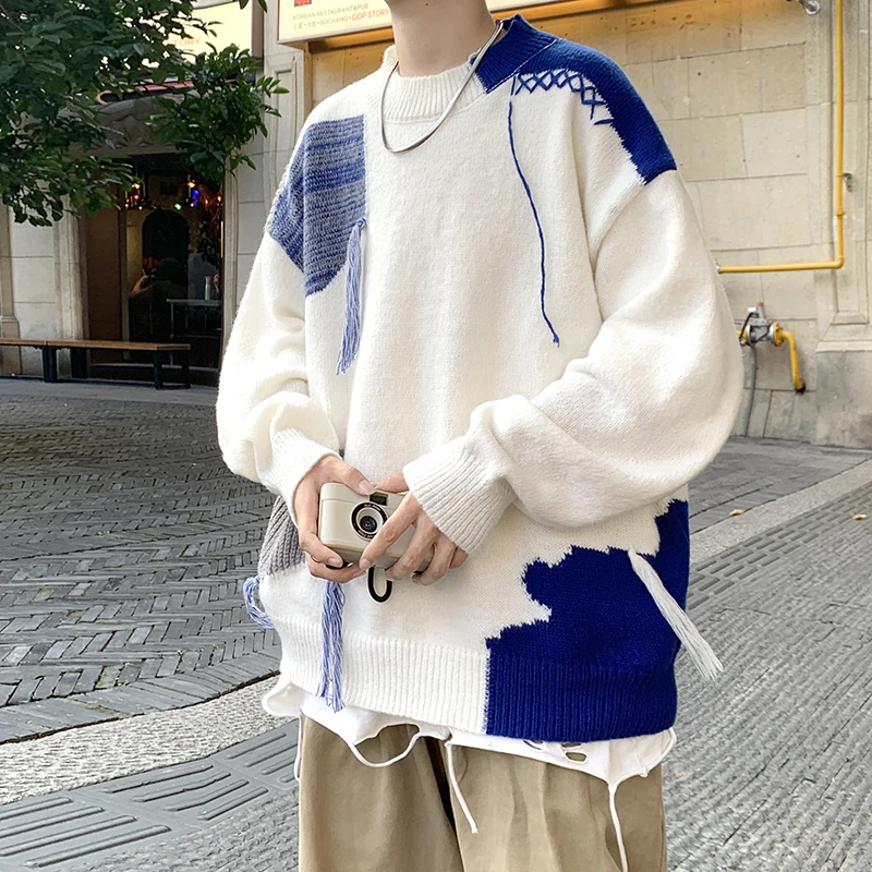 

Korean Pullover Sweater Men Knit Clothes Sleeve Warm Crew Retro Mens Sweater Long Winter Loose Neck Men Fashion Casual Jumper