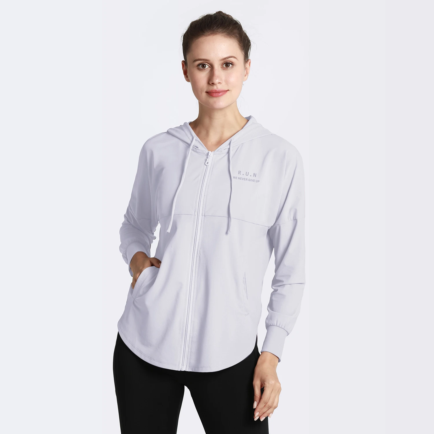 F.DYRAA Women Running Zipper Hooded Jackets Loose Sports Long Sleeve Coats Quick Dry Fitness Yoga Workout Outerwear For Woman