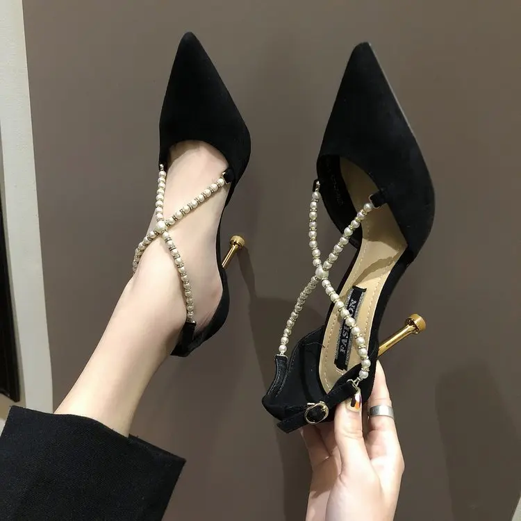 

2022 Spring New High Heel Stiletto Pointed Single Shoes Wild Temperament Women's Shoes Pearl Buckle Hollow Female Sandals