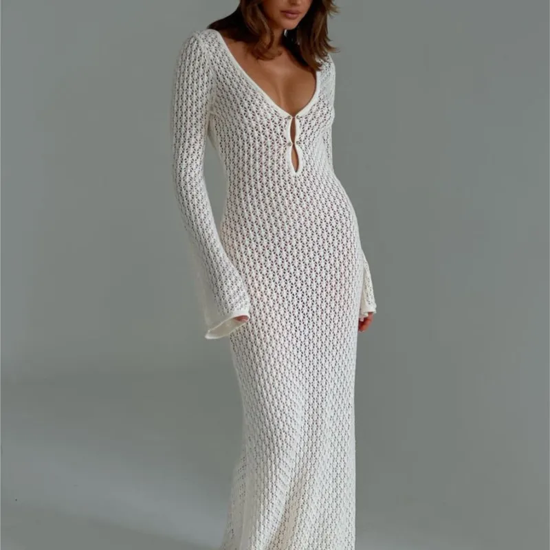 

Dress Summer 2023 Women Long Tight Sleeve Neck Hollow Out Sexy Knit New Winter Solid Spandex Fall For Korean Clothing Ladies