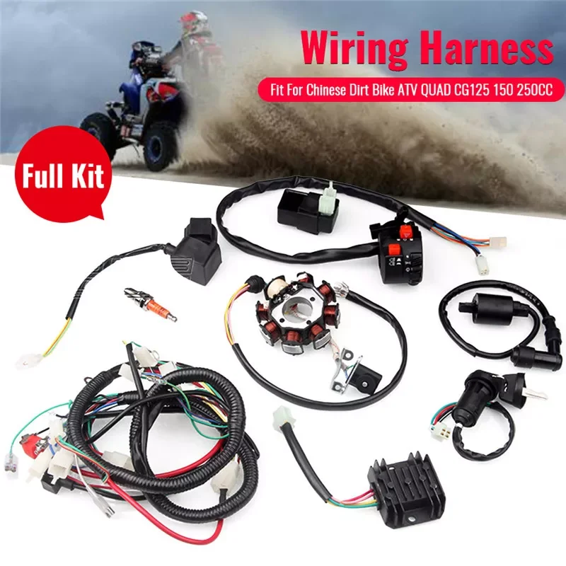 Full Electrical Wiring Harness Kit Fit For Chinese Dirt Bike ATV QUAD CG125 150 250CC With Rectifier Ignition Key Coil CDI Unit