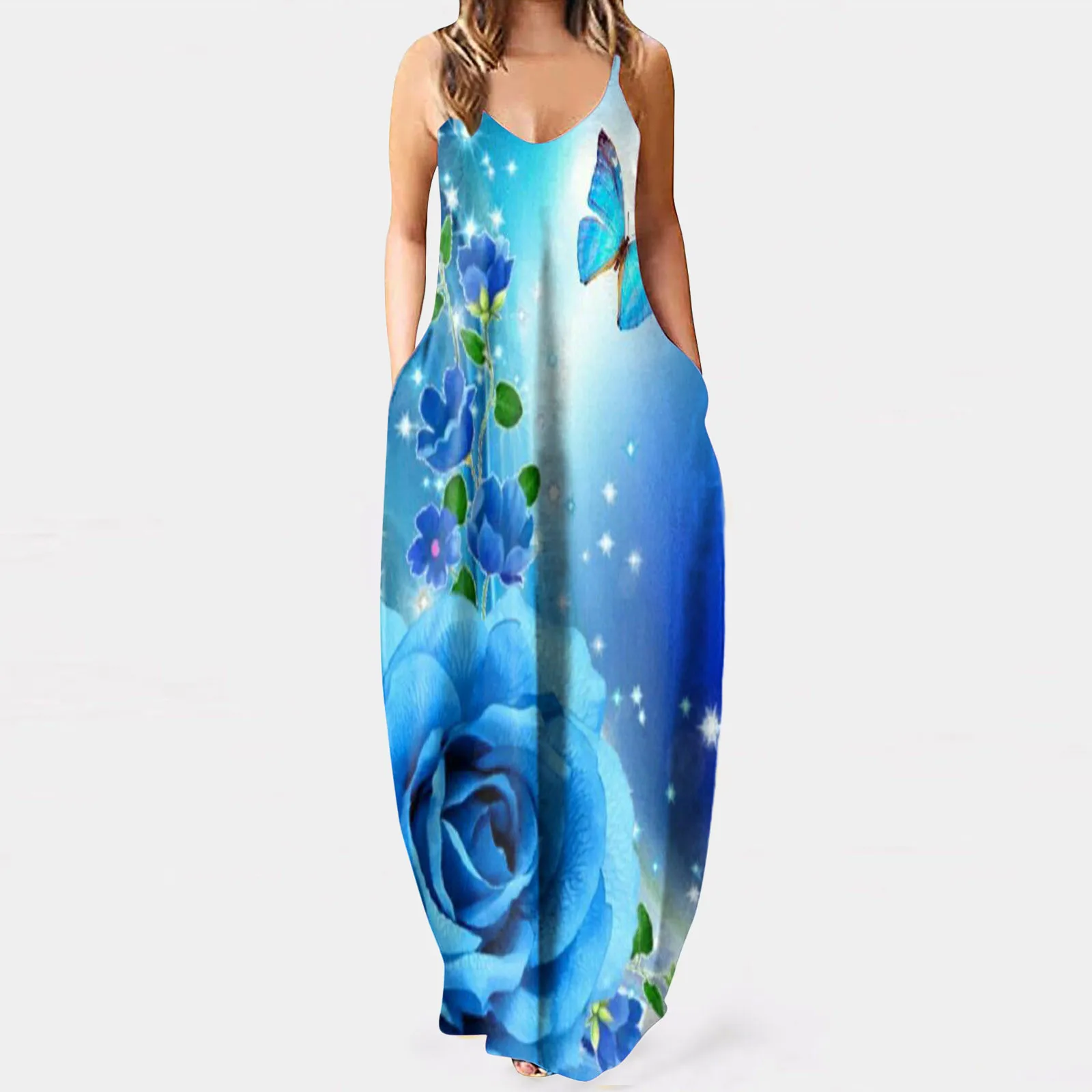 

Summer 2022 Print Holiday Sling Dress Women Casual V Neck Loose Comfy Beach Sundress With Pockets Evening Party Dress Long Robes