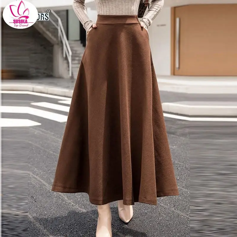 

A Line Winter Skirts Women Hot Warm Design Elegant Lady Office Long Skirt Plaid Printed Elastic High Waist Skirts Woolen Skirt