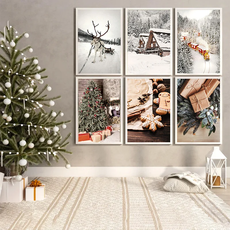 Зимний снежный лес морозный лось Рождественская настенная живопись дом