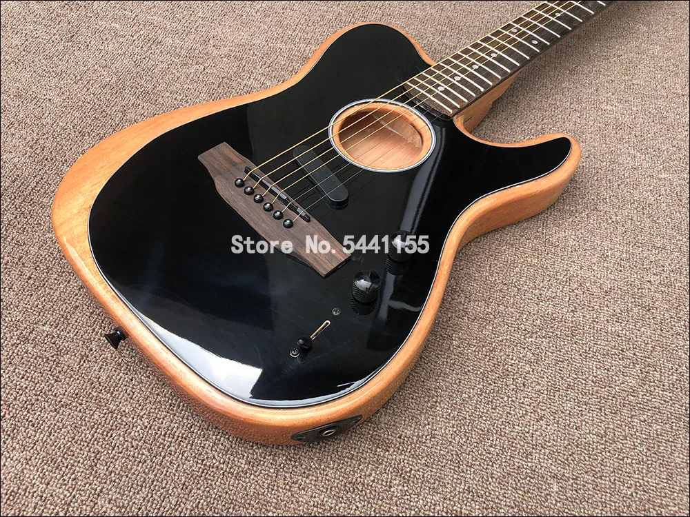 

Acoustasonic Tele Gloss Black Electric Guitar Polyester Satin Matte Finish, Spurce Top, Deep C Mahogany Neck, Chrome hardware