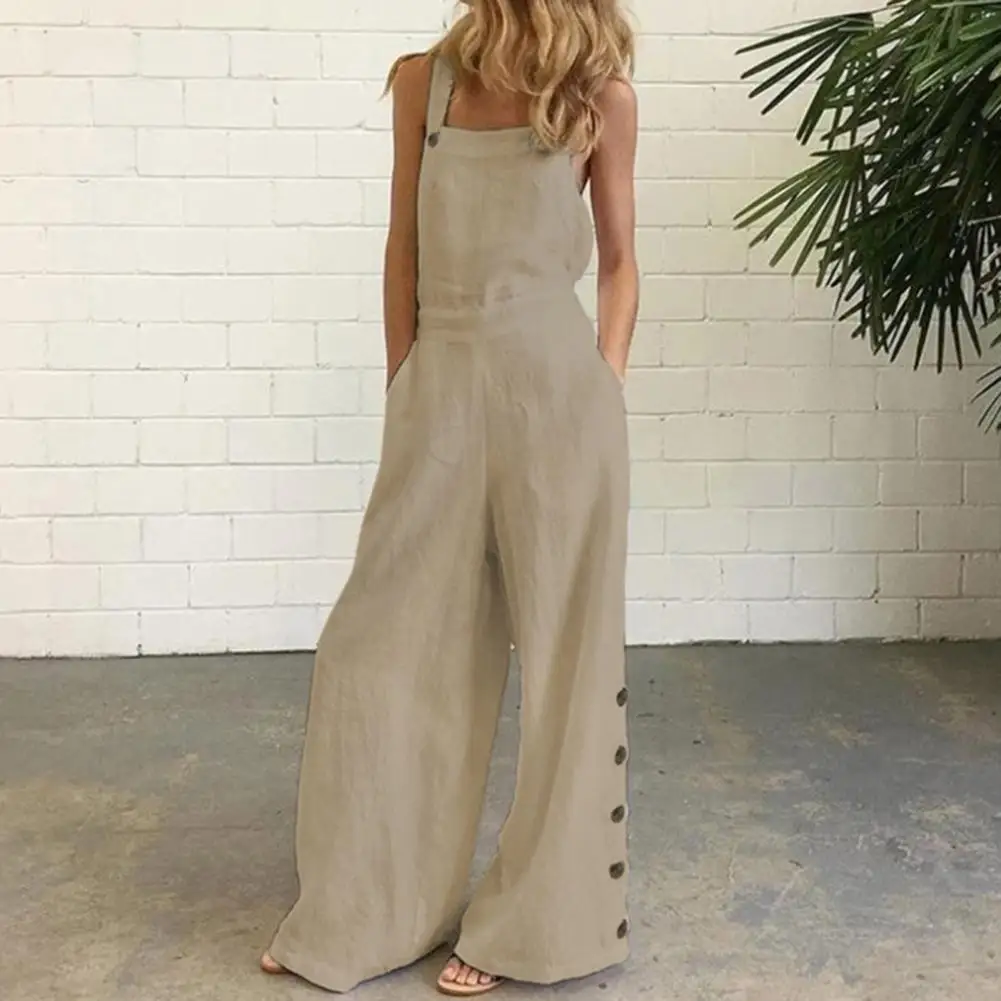

Overall Casual Sleeveless Wide Leg Jumpsuit Streetwear Women Jumpsuit Sleeveless Wide Leg Buttons Jumpsuit for Shopping