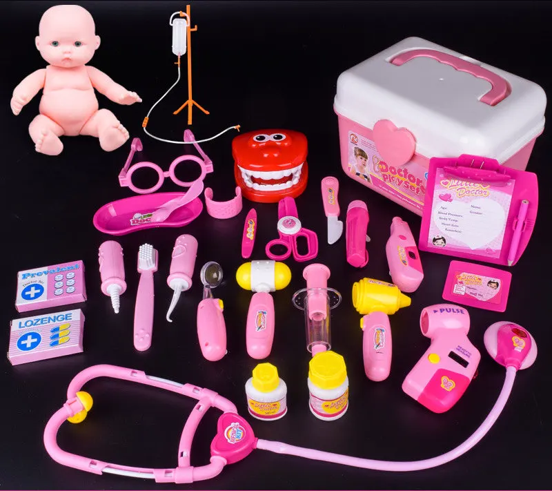 

[Funny] 27Pcs Kids Toys Doctor Set Baby Suitcases Medical kit Cosplay Dentist Nurse Simulation Medicine Box sound & light props