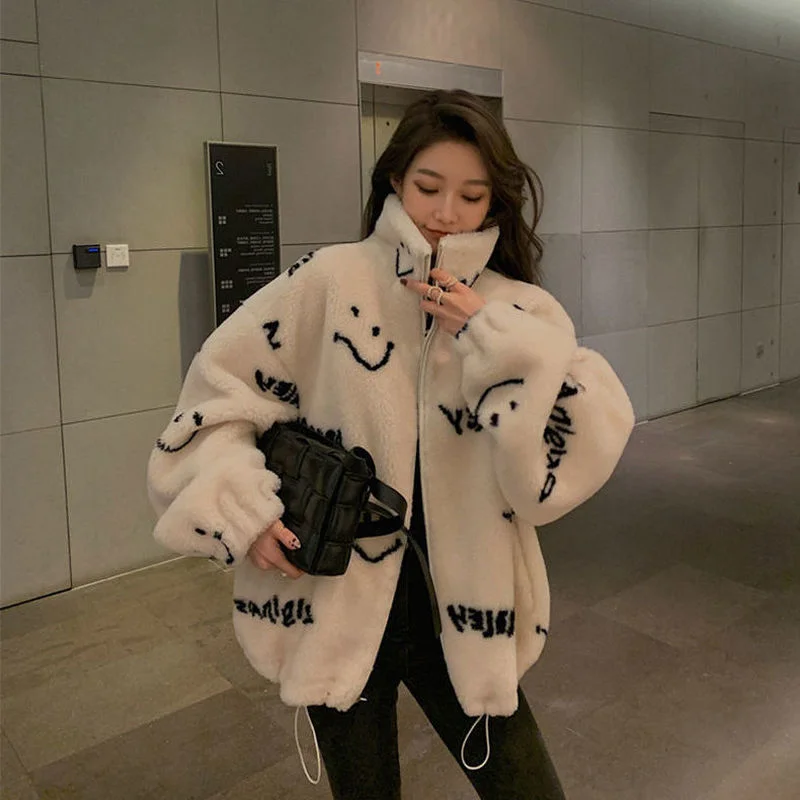 Oversized Faux Fur Woolen Warm Women Jacket Lamb Wool Winter Coat White Black 2021 Korean Chic Kawaii Parkas Stand Collar Coats