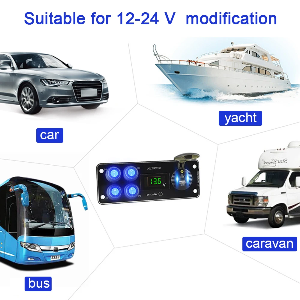 

Вольтметр 12-24 в PD QC3.0, 4-х канальный переключатель, панель для зарядки автомобиля, автофургона, грузовика, вездехода, теледома