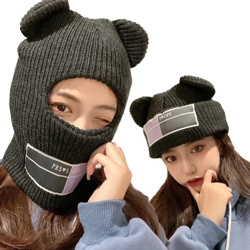 

Full Face Cover Ski Mask Hat with Bear Ear Balaclava Knitted Hats Windproof Skullies Beanies Bonnet Winter Warm Unisex Caps