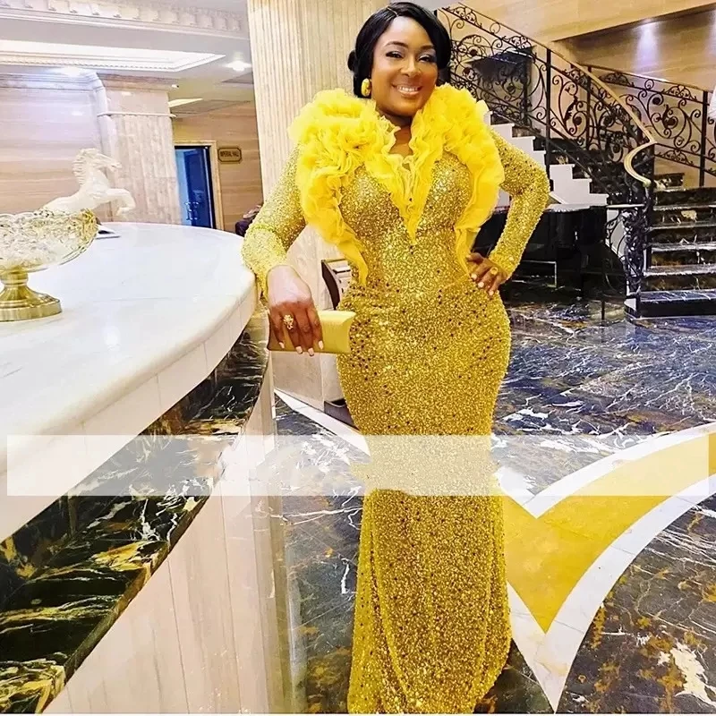 

Aso Ebi золотистые блестящие фатиновые вечерние платья-русалки с вырезом горловины длиной до пола