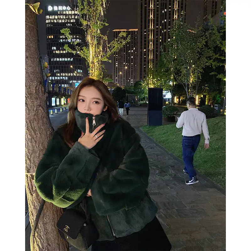 rabbit Fur coat khaki women's top faux fur coat zipper luxury autumn luxury Winter Faux Mink Fur Coat Women Thicken Korean