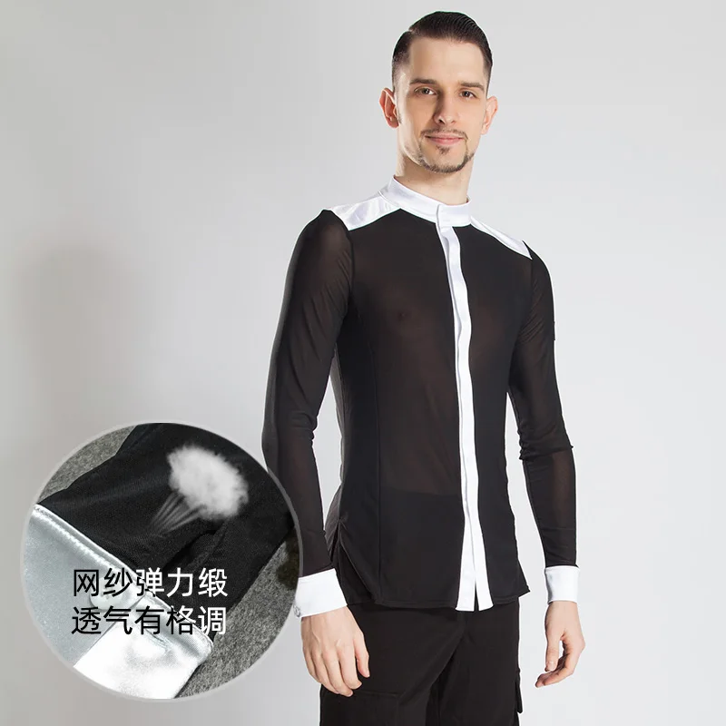 

Latin Dance Shirts Men Long Sleeves Competition Flamengo Rumba Samba Tango Top Male Ballroom Dancing Performance Wear DNV11729