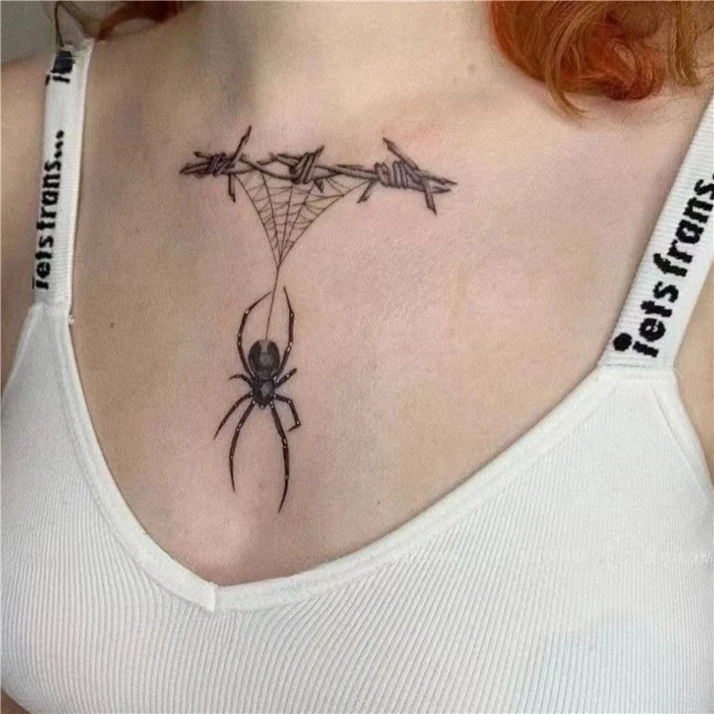 

Dark Spider Web Chest Waterproof Temporary Tattoo Stickers Female Personality Cool Faux Tatouage Black Hot Girl Art Fake Tattoos