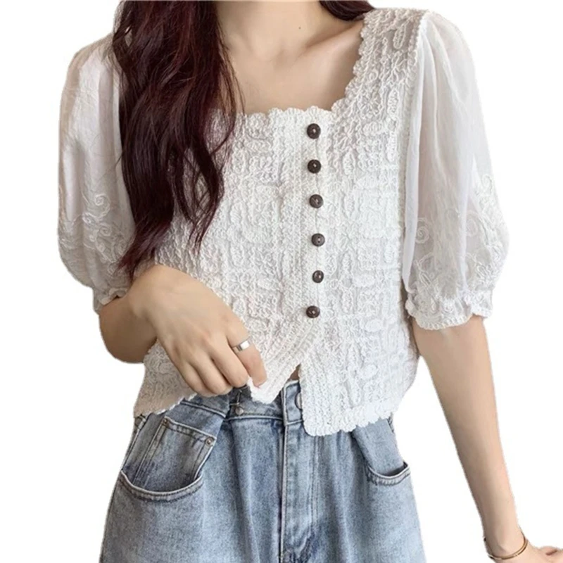 

Летние блузки с пышными рукавами и квадратным вырезом, укороченные топы, корейские винтажные студенческие топы для девочек