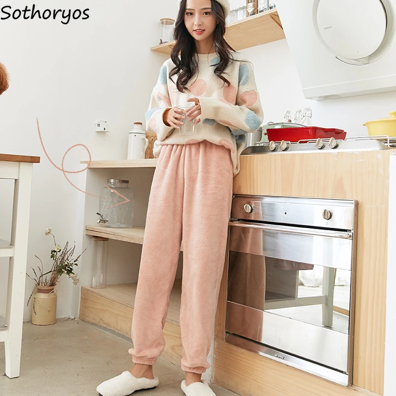 

Women Winter Coral Velvet Sleep Bottoms Casual Warm Bundle Trousers High Waist Plush Heating Nightwear Chic Homewear Basic Cozy