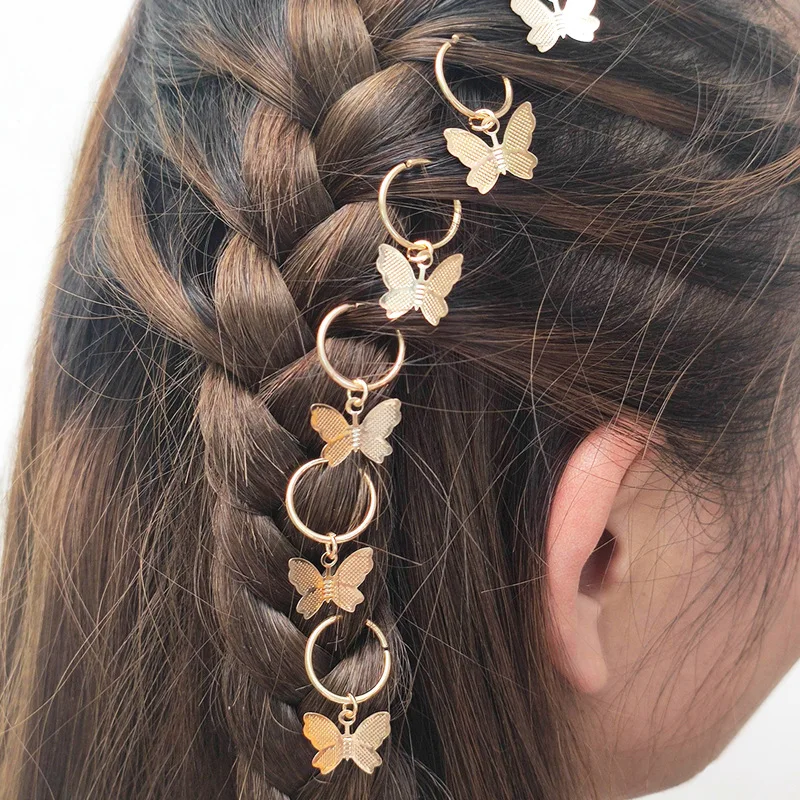 

6Pcs Butterfly Star Pendant Hair Clip for Women Braid Trendy Metal Rings DIY Hair Clips Western Style Girls Headdress