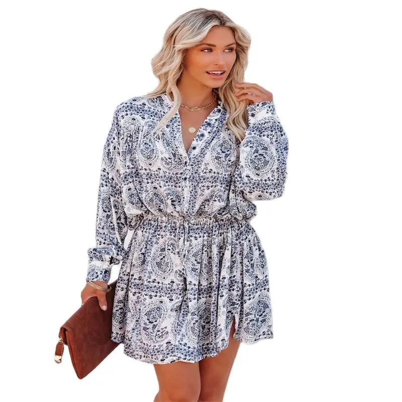 

2022 Autumn And Winter New Sexy V-Neck Chinese Style Blue And White Porcelain Printed Long-Sleeved Waist Dress Women
