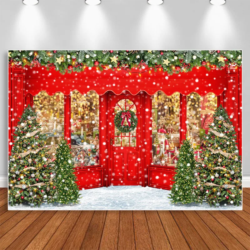 

Red Christmas Gift Shop Backdrop for Photography Winter Snow Xmas Tree Photo Props Kids Family Portrait Photocall Background