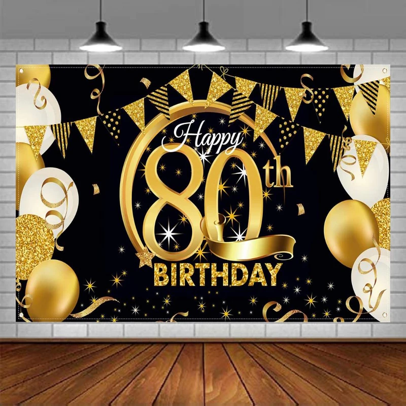 

Photography Backdrop 80th Birthday 80 Anniversary Party Decor Black Gold Sign Poster For Photo Booth Background Banner Supplies