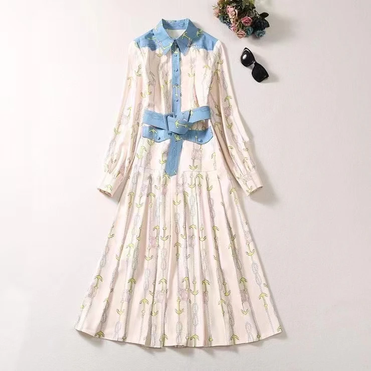 

Женская одежда в европейском и американском стиле, осень 2023, новое модное плиссированное платье составного кроя с отложным воротником и длинным рукавом, поясом и принтом XXL