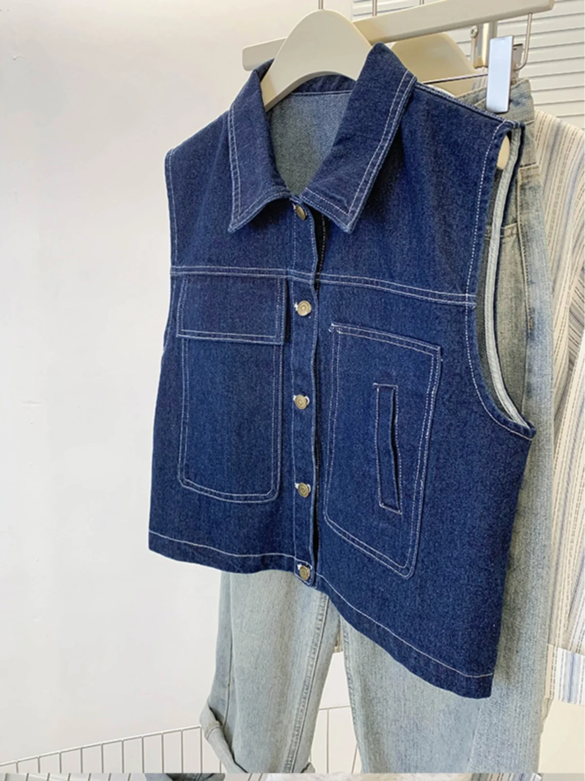 Hong Kong Flavor Retro Fashion Stacked Outdoor Denim Vest Women Autumn and Winter New Western Sle Age-Reducing Polo Collar ...